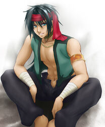  1boy armlet bad_id bad_pixiv_id black_hair black_pants blue_eyes feet_out_of_frame guin_saga hair_between_eyes hamu_(riyahb) headband istvan_(guin_saga) jewelry looking_at_viewer male_focus navel necklace pants parted_lips photoshop_(medium) red_headband simple_background sitting solo white_background 