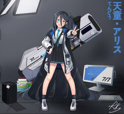  absurdly_long_hair absurdres aris_(blue_archive) black_hairband blue_archive blue_eyes blue_hair book computer_keyboard dark_blue_hair female full_body game_console hair_between_eyes hairband highres jacket long_hair long_hair_between_eyes monitor necktie open_mouth pink_watch railgun school_uniform signature simple_background uniform v very_long_hair weapon xbox_series_x 