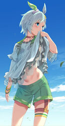  animal_ears blue_eyes blue_hair blue_shirt blue_sky blush bracelet bridal_garter choker clothes_lift cloud commentary_request day female green_shorts highres horse_ears horse_girl jewelry lifting_own_clothes looking_to_the_side navel outdoors red_choker seiun_sky_(umamusume) shirt shirt_lift short_hair shorts sky solo standing stomach sugarbeat thighs umamusume 