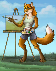  anthro black_nose blonde_hair blue_eyes breasts brush canid canine clothed clothing creating_art cybercat female fox fur hair holding_brush holding_object holding_paintbrush jazmyn jazmyn&#039;s_world mammal open_mouth orange_body orange_fur paintbrush painting painting_(action) painting_(object) red_fox solo true_fox 