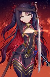  aozora_nan arm_up black_bodysuit black_hair bodysuit breasts commentary_request covered_navel fate/grand_order fate_(series) female glint grey_eyes groin hair_ornament highres holding holding_sword holding_weapon horns ishtar_(fate) katana looking_at_viewer multicolored_hair parted_bangs red_hair sheath small_breasts solo space_ishtar_(fate) space_ishtar_(first_ascension)_(fate) sword two-tone_hair two_side_up unsheathed weapon 