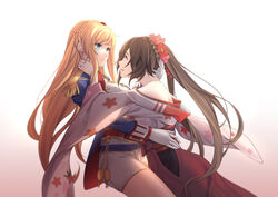  2girls aqua_eyes blonde_hair braid breasts brown_hair cartonbox_(zhixiang_zhi) character_request chinese_commentary commentary_request flower gloves hair_flower hair_ornament jacket japanese_clothes jewelry long_hair looking_at_another miko_embrace military_jacket multiple_girls off_shoulder open_mouth partial_commentary ponytail richelieu_(warship_girls_r) ring shorts simple_background warship_girls_r white_gloves white_shorts yuri 