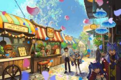  3boys 4girls absurdres animal_ears barrel bench bird blue_hair bottle brown_gloves character_request chouette_(pixiv_fantasia_age_of_starlight) day eating food_stand gloves highres multiple_boys multiple_girls nigoi_(pixiv_fantasia_age_of_starlight) outdoors owl petals pixiv_fantasia pixiv_fantasia_age_of_starlight saku_violetbleu shirt standing striped sumika_inagaki suspenders suzu_violetbleu twintails umbrella wheel white_shirt wings yamame_(pixiv_fantasia_age_of_starlight) 