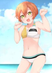  :d bare_arms bare_shoulders bikini blue_sky blush breasts clothes_writing cloud collarbone commentary_request cowboy_shot day female green_eyes groin hair_between_eyes hands_up highres hoshizora_rin legs_apart looking_at_viewer love_live! love_live!_school_idol_project misora_deco navel no_nose ocean open_mouth orange_hair outdoors short_hair sky small_breasts smile solo swimsuit water 