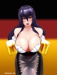  absurdres alcohol barmaid beatrix_bremer beer_mug black_hair blurry blurry_background breasts collarbone cup detached_sleeves female german_clothes german_flag hair_between_eyes highres holding holding_cup huge_breasts leaning_forward long_hair mole mole_on_breast mug muv-luv muv-luv_alternative nofuture oktoberfest red_eyes red_lips schwarzesmarken sidelocks solo 