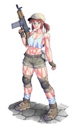  abs assault_rifle biceps breasts brown_eyes brown_hair cobblestone crop_top ebr-kii female fio_germi glasses gun hat highres knee_pads large_breasts metal_slug muscular muscular_female ponytail pouch rifle short_hair shorts smile solo trigger_discipline weapon white_background 