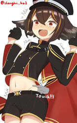  azur_lane belt black_belt black_cape black_gloves black_hat black_jacket black_shorts blush brown_hair cape commentary_request cowboy_shot crop_top crossed_bangs female gloves gold_trim groin hair_between_eyes hair_ears half_gloves hat highres jacket long_sleeves midriff military_hat mole mole_under_eye multicolored_hair navel nose_blush oite_(azur_lane) open_mouth orange_hair poking_belly red_cape red_eyes sakuramon shanghai_kani short_hair short_shorts shorts sidelocks simple_background solo standing streaked_hair trembling twitter_username two-tone_cape two-tone_hair w_arms white_background 