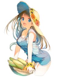  basket blue_eyes breasts brown_hair can cleavage corn cropped_legs denim denim_shorts female floating_hair flower food hat hat_flower holding holding_basket leaning_forward long_hair looking_at_viewer medium_breasts open_mouth original red_flower shirt short_sleeves shorts simple_background solo sparkle straw_hat striped_clothes striped_shirt suspender_shorts suspenders tatami_to_hinoki white_background yellow_flower 