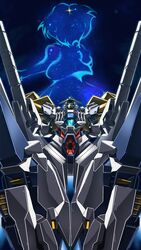  absurdres from_below green_eyes gundam gundam_narrative highres looking_ahead looking_up mecha narrative_gundam narrative_gundam_a-packs no_humans papa-kun_(destiny549-2) rita_bernal robot science_fiction silhouette solo_focus space v-fin 