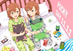  2girls animal_print barefoot bed box brown_eyes brown_hair cat_print cellphone commentary_request digital_media_player earphones food frog frog_print from_above full_body gekota green_pajamas ha_neko head-mounted_display medium_hair misaka_imouto misaka_imouto_10032 misaka_imouto_10032&#039;s_cat misaka_mikoto multiple_girls notebook pajamas phone pillow pink_background pocky polka_dot polka_dot_background siblings sisters sitting stuffed_animal stuffed_cat stuffed_frog stuffed_toy toaru_kagaku_no_railgun toaru_majutsu_no_index wariza 