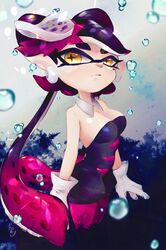  +_+ black_hair black_jumpsuit breasts bubble callie_(splatoon) cleavage detached_collar earrings female food food_on_head gloves highres inkling jewelry jumpsuit long_hair looking_at_viewer mole mole_under_eye multicolored_hair object_on_head okome_2g2g pantyhose pointy_ears purple_hair purple_pantyhose short_jumpsuit solo splatoon_(series) splatoon_1 sushi tentacle_hair white_gloves yellow_eyes 