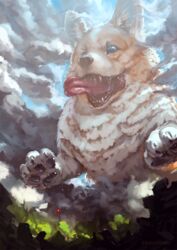  animal assasinmonkey blue_sky canine cloud cloudy_sky commentary_request day fantasy grass highres jumping mountain no_humans original outdoors oversized_animal river sky solo tongue tongue_out tree water welsh_corgi 