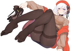  aran_sweater arm_support ass azur_lane beijuu belfast_(azur_lane) belfast_(shopping_with_the_head_maid)_(azur_lane) beret black_footwear black_pantyhose black_skirt blue_eyes blush breasts brown_sweater cable_knit choker closed_mouth commentary_request commission d&#039;orsay_heels earrings feet female half-closed_eyes hat high_heels holding holding_clothes holding_footwear hoop_earrings jewelry large_breasts legs long_hair looking_at_viewer no_shoes off-shoulder_sweater off_shoulder official_alternate_costume pantyhose pencil_skirt red_hat shawl shoes sidelocks simple_background skeb_commission skirt smile solo sweater thighband_pantyhose toes unworn_shoes very_long_hair white_background white_hair 