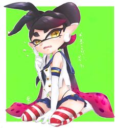  +_+ black_hair black_hairband black_panties callie_(splatoon) cosplay earrings elbow_gloves female finger_to_cheek full_body gloves green_background hairband highleg highleg_panties highres inkling jewelry kantai_collection kneeling long_hair looking_at_viewer microskirt midriff mole mole_under_eye multicolored_hair okome_2g2g panties pleated_skirt purple_hair sailor_collar school_uniform serafuku shimakaze_(kancolle) shimakaze_(kancolle)_(cosplay) shirt skirt sleeveless solo splatoon_(series) striped_clothes striped_thighhighs tentacle_hair thighhighs underwear white_gloves yellow_eyes 