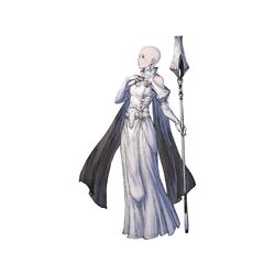  bald bald_girl bare_shoulders black_cape blue_eyes breasts cape cleavage cleavage_cutout clothing_cutout detached_sleeves dress earrings elbow_gloves f66x_(nier) female fingerless_gloves full_body gloves highres jewelry long_dress medium_breasts nier_(series) nier_reincarnation official_art solo staff tabard white_background white_dress white_gloves yoshida_akihiko 