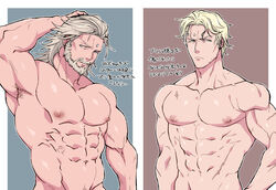  2boys abs bara beard blonde_hair blush cid_nan_garlond completely_nude dark-skinned_male dark_skin facial_hair final_fantasy final_fantasy_xiv grey_hair groin large_pectorals male_focus mature_male medium_hair moustache multiple_boys muscular muscular_male navel nero_tol_scaeva nude obliques pectorals short_hair stomach stubble sugo6969 translation_request upper_body 