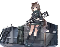  absurdres ammunition bad_id bad_pixiv_id black_footwear black_jacket black_socks boots box brown_hair cross-laced_footwear drill_hair female full_body fuyuki030 green_scarf green_skirt gun handgun highres holding holding_gun holding_weapon holstered jacket long_sleeves low_twintails miniskirt original plaid plaid_scarf plaid_skirt pleated_skirt purple_eyes rifle scarf scope skirt sniper_rifle socks solo standing thigh_strap twin_drills twintails weapon 