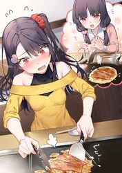  bare_shoulders before_and_after black_hair blunt_bangs breasts commentary cooking female food griddle hair_ornament hair_scrunchie heart heart_hair_ornament holding jpeg_artifacts long_hair looking_at_viewer looking_down meat medium_breasts munakata_hinano okonomiyaki open_mouth original parted_bangs red_eyes red_scrunchie scrunchie short_twintails smile tears tokuno_yuika translated twintails 