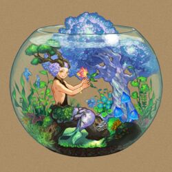  1boy absurdres bowl bracelet brown_background fantasy fish flower highres horns jewelry looking_at_viewer male_focus merman monster_boy mushroom original plant purple_hair simple_background sitting solo sumika_inagaki tree underwater yellow_eyes 