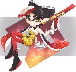  +_+ black_hair breasts callie_(splatoon) cleavage detached_collar earrings female food food_on_head gloves gold_earrings gun highres inkling jewelry looking_at_viewer mole mole_under_eye multicolored_hair object_on_head okome_2g2g pantyhose red_hair red_pantyhose short_jumpsuit solo splatoon_(series) splatoon_1 tentacle_hair weapon white_gloves yellow_eyes 