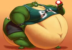  anthro belly belly_overhang big_belly big_moobs bottomwear bracelet clothing crown fungus green_body headgear hi_res horn huge_belly hyper hyper_belly jewelry king_koopa koopa male mario_bros moobs morbidly_obese morbidly_obese_anthro morbidly_obese_male mushroom nintendo obese obese_anthro obese_male overweight overweight_anthro overweight_male scalie shirt shorts silver-stag solo spiked_bracelet spikes tank_top teeth topwear 