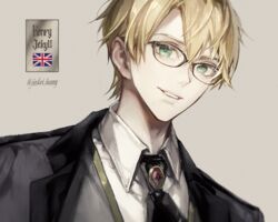  1boy bad_id bad_pixiv_id black_jacket black_necktie blonde_hair brooch brown_background character_name collared_shirt commentary fate/prototype fate/prototype:_fragments_of_blue_and_silver fate_(series) glasses green_eyes grey_vest hair_between_eyes highres jacket jekyll_and_hyde_(fate) jewelry koshika_rina looking_at_viewer male_focus necktie parted_lips portrait shirt short_hair simple_background smile solo twitter_username union_jack vest waistcoat white_shirt 