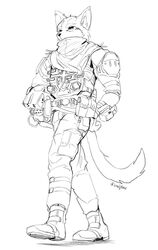  absurd_res anthro armor belt combat_armor cybernetics electronic_arts endjfcar facial_markings felid feline felis fur hands_on_hips head_markings headgear helmet hi_res machine male mammal markings monochrome sand_cat scarf shay_khan solo titanfall_2 utility_belt walking wildcat 