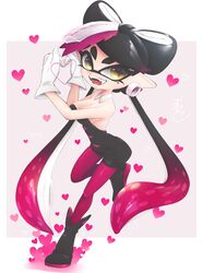  +_+ black_hair black_jumpsuit breasts callie_(splatoon) cleavage detached_collar earrings fangs female food food_on_head gloves happy heart heart_hands highres inkling jewelry jumpsuit long_hair looking_at_viewer mole mole_under_eye object_on_head okome_2g2g open_mouth pantyhose pointy_ears purple_pantyhose short_jumpsuit solo splatoon_(series) splatoon_1 tentacle_hair white_gloves yellow_eyes 