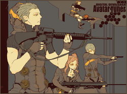  2girls 3boys aiming argilla brown_hair cielo commentary_request digital_devil_saga from_side gale_(dds) gun handgun heat_(dds) holding holding_weapon megajet military military_uniform multiple_boys multiple_girls outstretched_arms profile serph short_hair silver_hair uniform very_short_hair wall weapon 