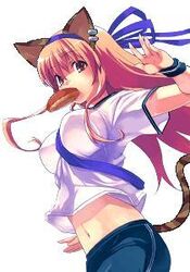  animal_ears bow brown_eyes cat_(trickster) cat_ears cat_tail female hairbow impossible_clothes impossible_shirt lowres midriff pink_hair shirt solo tail trickster_(ntreev_soft) 