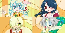  2boys 2girls :d adiane bad_source black_hair blonde_hair blue_hair closed_eyes cytomander eyepatch eyeshadow looking_at_viewer lucky_star makeup multicolored_hair multiple_boys multiple_girls nia_teppelin open_mouth parody red_eyes siroringo smile style_parody swept_bangs tengen_toppa_gurren_lagann two-tone_hair upper_body viral_(ttgl) yellow_eyes 