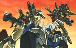  artist_request beam_rifle blitz_gundam buster_gundam duel_gundam energy_gun gun gundam gundam_seed highres mecha missile no_humans robot weapon 