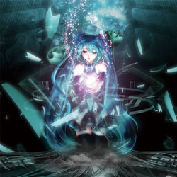  blue_eyes blue_hair detached_sleeves female flower hatsune_miku headset highres long_hair necktie photoshop_(medium) rose saiun_hanatsubasa skirt solo thighhighs twintails very_long_hair vocaloid zettai_ryouiki 