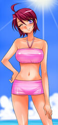  ahoge bad_id bad_pixiv_id bikini commentary_request day female gundam gundam_seed gundam_seed_destiny lunamaria_hawke midriff navel one_eye_closed pink_bikini purple_eyes red_hair short_hair smile solo swimsuit tooru_jin water 