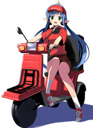  blue_hair blue_oni clothes_writing commentary_request demon_girl employee_uniform fast_food_uniform female food_delivery_box green_eyes hima horns long_hair momotarou_densetsu motor_vehicle on_scooter oni pizza_delivery pizza_hut pointy_ears scooter single_horn skirt solo twintails uniform visor_cap yashahime_(momotarou_densetsu) 