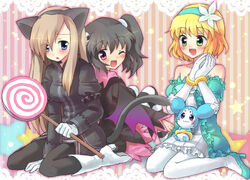  3girls alternate_costume animal_ears anise_tatlin anise_tatlin_(little_devil) bad_id bad_pixiv_id bare_shoulders bat_wings black_hair blonde_hair blue_eyes blue_hairband blush boots brown_hair candy food gloves green_eyes hair_ornament hairband high_heels knee_boots kuguri_oimo lollipop mieu_(tales) multiple_girls natalia_luzu_kimlasca_lanvaldear natalia_luzu_kimlasca_lanvaldear_(beloved_princess) official_alternate_costume one_eye_closed open_mouth pantyhose shoes socks striped swirl_lollipop tail tales_of_(series) tales_of_the_abyss tear_grants tear_grants_(monster_collector) twintails white_pantyhose wings 