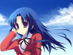  blue_hair breasts cloud day female kawashima_ami long_hair medium_breasts moriguchi_yuu oohashi_high_school_uniform purple_eyes school_uniform sky smile solo toradora! 