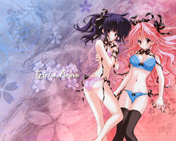  2girls :o ahoge ass back black_thighhighs blue_eyes blue_hair blue_panties blunt_bangs blush bow bow_bra bow_panties bra breasts cleavage copyright_name crossed_arms embarrassed facial_mark flat_ass flower forehead_mark from_above girls_bravo gradient_background hair_between_eyes hair_ribbon hair_spread_out hand_on_own_shoulder koyomi_hare_nanaka large_breasts lingerie long_hair looking_at_viewer looking_back lying mario_kaneda miharu_sena_kanaka multiple_girls narrow_waist navel neck_ribbon official_art official_wallpaper on_back on_side open_mouth panties parted_bangs photoshop_(medium) pink_hair profile purple_bra purple_panties red_eyes ribbon short_twintails side-tie_panties side_ponytail sidelocks thighhighs twintails two_side_up underwear underwear_only very_long_hair wrist_ribbon 