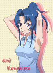  adjusting_hair armpits blue_hair breasts commentary_request female gebo hair_tie_in_mouth kawashima_ami medium_breasts mouth_hold photoshop_(medium) ponytail purple_eyes solo toradora! tying_hair 