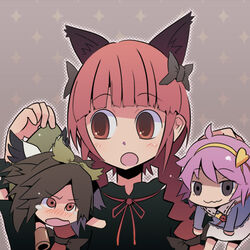  3girls animal_ears blush braid brown_eyes brown_hair cat_ears chibi commentary_request heart kaenbyou_rin komeiji_satori multiple_girls nidieu pink_hair red_eyes red_hair reiuji_utsuho ribbon touhou wings 