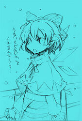  bakayanagi blue_background blue_theme cirno female monochrome snow solo touhou traditional_media translated 