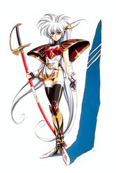  1990s_(style) armor bandages belt black_thighhighs breastplate clenched_hand closed_mouth dress expressionless fantasy female fingerless_gloves gloves greaves hair_between_eyes hair_ornament highres holding huge_weapon langrisser langrisser_iii leotard long_hair looking_at_viewer luna_(langrisser) official_art pauldrons red_eyes retro_artstyle shadow sheath sheathed short_dress shoulder_armor side_slit simple_background solo spiked_hair standing sword thighhighs turtleneck twintails urushihara_satoshi very_long_hair weapon white_background white_hair 