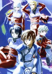  5boys artist_request athrun_zala blonde_hair blue_eyes blue_hair brown_hair dearka_elsman green_eyes green_hair gundam gundam_seed highres kira_yamato male_focus mecha multiple_boys nicol_amafli pilot_suit purple_eyes robot strike_gundam white_hair yzak_joule 