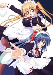  2girls blonde_hair blue_eyes blue_hair cup imageboard_desourced lizlett_l._chelsie long_hair maid multiple_girls noihara_himari non-web_source omamori_himari pantyhose purple_eyes tea_set teapot twintails 