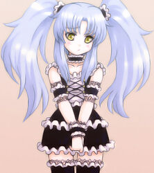  arm_garter black_thighhighs bridal_garter collarbone commentary_request ebi_tendon female frills goth_fashion grey_hair hoshino_ruri kidou_senkan_nadesico long_hair looking_at_viewer neck_garter own_hands_together photoshop_(medium) sidelocks solo thighhighs twintails v_arms yellow_eyes zettai_ryouiki 