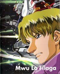  1boy absurdres aile_strike_gundam artist_request beam_rifle blonde_hair blue_eyes energy_gun gun gundam gundam_seed highres male_focus mecha mu_la_flaga robot scan solo strike_gundam weapon 