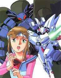  1980s_(style) alcia_grace brown_hair female kitazume_hiroyuki legaciam mecha official_art relic_armor_legaciam retro_artstyle robot 