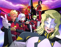  4boys aegis_gundam artist_request athrun_zala blonde_hair blue_eyes blue_hair dearka_elsman green_eyes green_hair gundam gundam_seed highres male_focus mask mecha military military_uniform multiple_boys nicol_amafli official_art purple_eyes rau_le_creuset robot scan uniform white_hair yzak_joule 