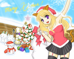  animal_ears artist_request bare_shoulders black_thighhighs blonde_hair cat_(trickster) cat_ears cat_tail christmas christmas_tree female garter_belt hat purple_eyes santa_hat skirt snow snowman solo tail thighhighs trickster_(ntreev_soft) zettai_ryouiki 