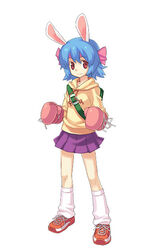  animal_ears artist_request backpack bag blue_hair boxing_gloves bunny_(trickster) female gloves headband hood hoodie loose_socks photoshop_(medium) rabbit_ears red_eyes skirt socks solo standing trickster_(ntreev_soft) 